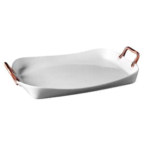 19 in. Rectangular White Shallow with Copper Handles Porcelain Chip Resistant Tray