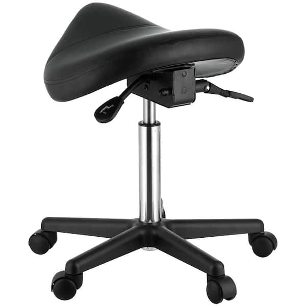 Saddle Stool with Wheels, 400 lbs. Capacity, Height Adjustable PU Leather Swivel Chair Lawn Chairs, Black Wood