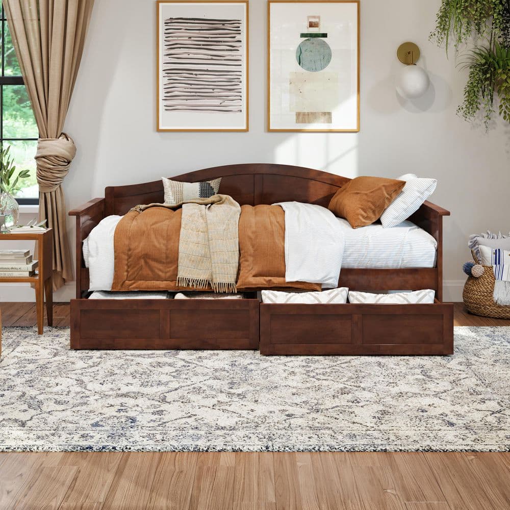 Acadia Walnut Twin Wood Daybed with 2 Storage Drawers