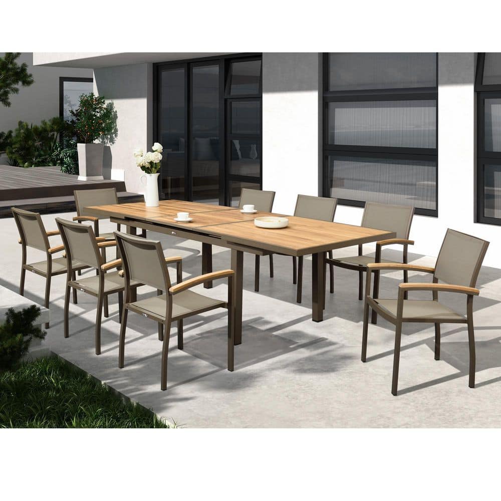9 Pieces Teak Wood Outdoor Dining Set, Extendable Table and Stackable Dinni