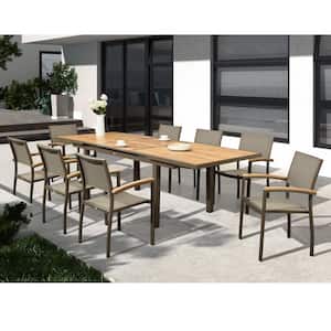 9 Pieces Teak Wood Outdoor Dining Set, Extendable Table and Stackable Dinning Chair with Coffee Textilene