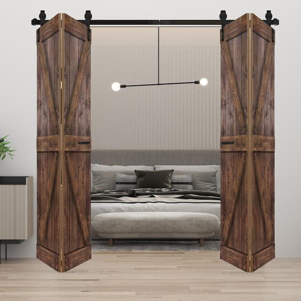 ISLIFE K Style 48 in. x 84 in. (12 in. x 84 in. x 4-Panels) Dark Walnut Wood Bi-Fold Door With Hardware Kit-Assembly Needed
