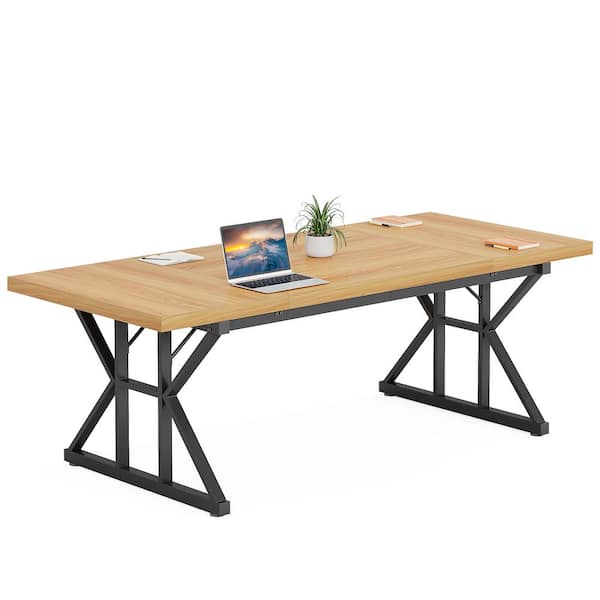 BYBLIGHT Capen Large 70.8 in. Width 6 ft. Conference Rectangle Light Walnut Wood Meeting Executive Desk Computer Workstation