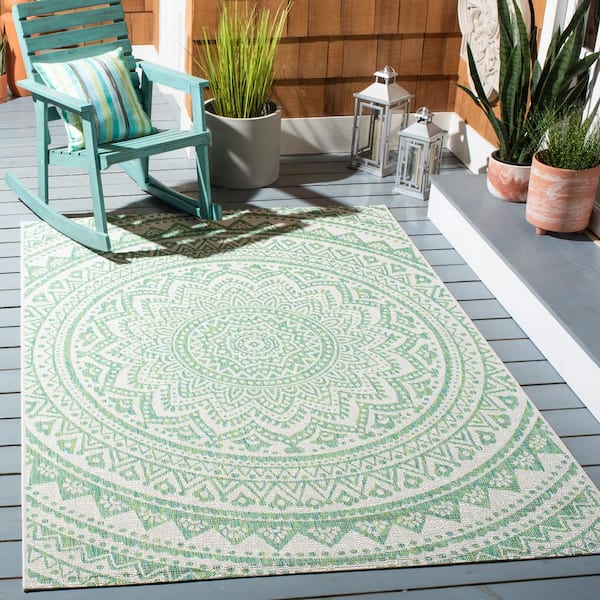 Courtyard Ivory/Green 9 ft. x 12 ft. Medallion Indoor/Outdoor Patio  Area Rug