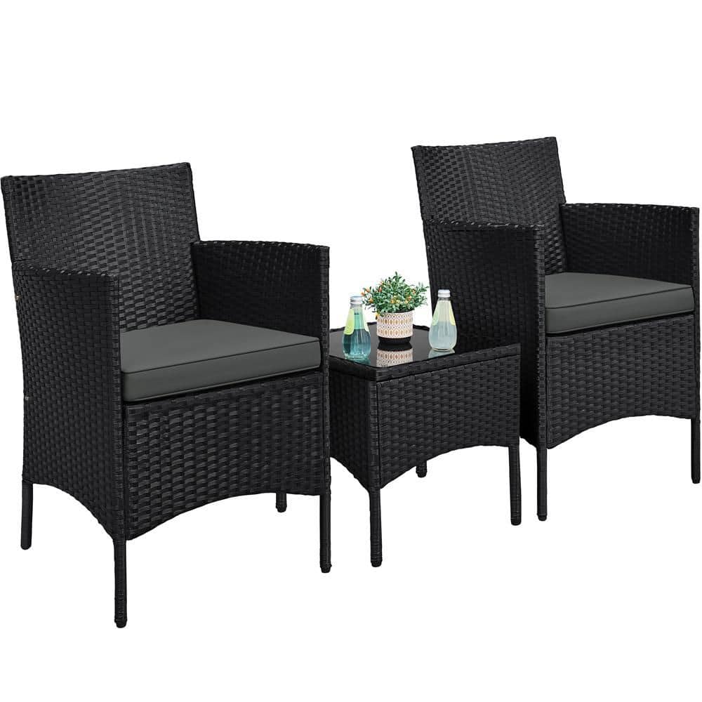 3-Piece Outdoor Patio Conversation Furniture Set, 2 Piece Woven Rattan Chairs with Cushions and Side Table, Black/Gray price history on PriceWatchPro