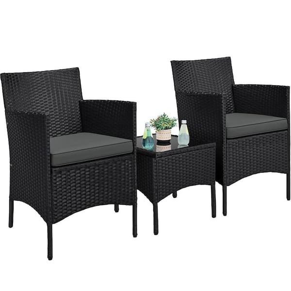 3-Piece Outdoor Patio Conversation Furniture Set, 2 Piece Woven Rattan Chairs with Cushions and Side Table, Black/Gray
