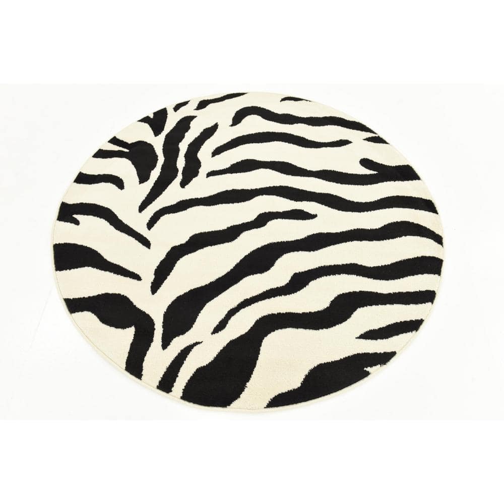 Safari Charm Round Ivory & Black Zebra Print Area Rug, 4' Diameter
