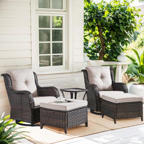 Gymojoy Carolina Brown 5-Piece Wicker Patio Conversation Set with Beige Cushions