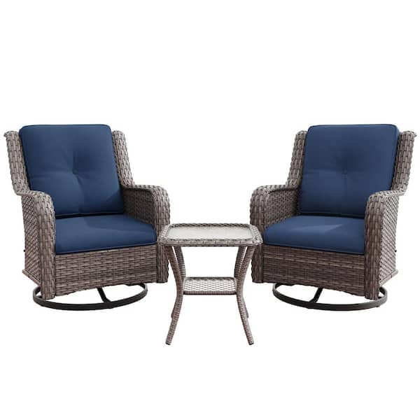 3-Piece Wicker Patio Conversation Set Swivel Outdoor Rocking Chair Set with Blue Cushions and Table