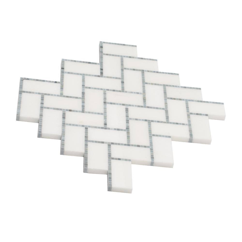 White and Gray Polished Herringbone Marble Mosaic Tile