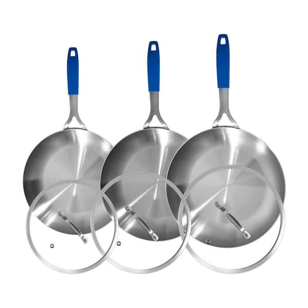 3-Piece Stainless Steel Tri-Ply Frying Pan Set with Lids Fast Heating Induction Compatible Skillets Set