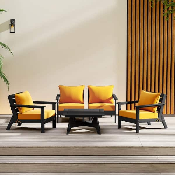 WESTIN OUTDOOR Birchwood Black Arrangeable 5-Piece Outdoor Patio HDPE Deep Seating Conversation Lounge Set w/ Yellow Cushions