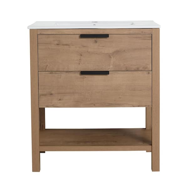 30 in. Freestanding Single Oak Bath Vanity with White Ceramic Top Unassembled