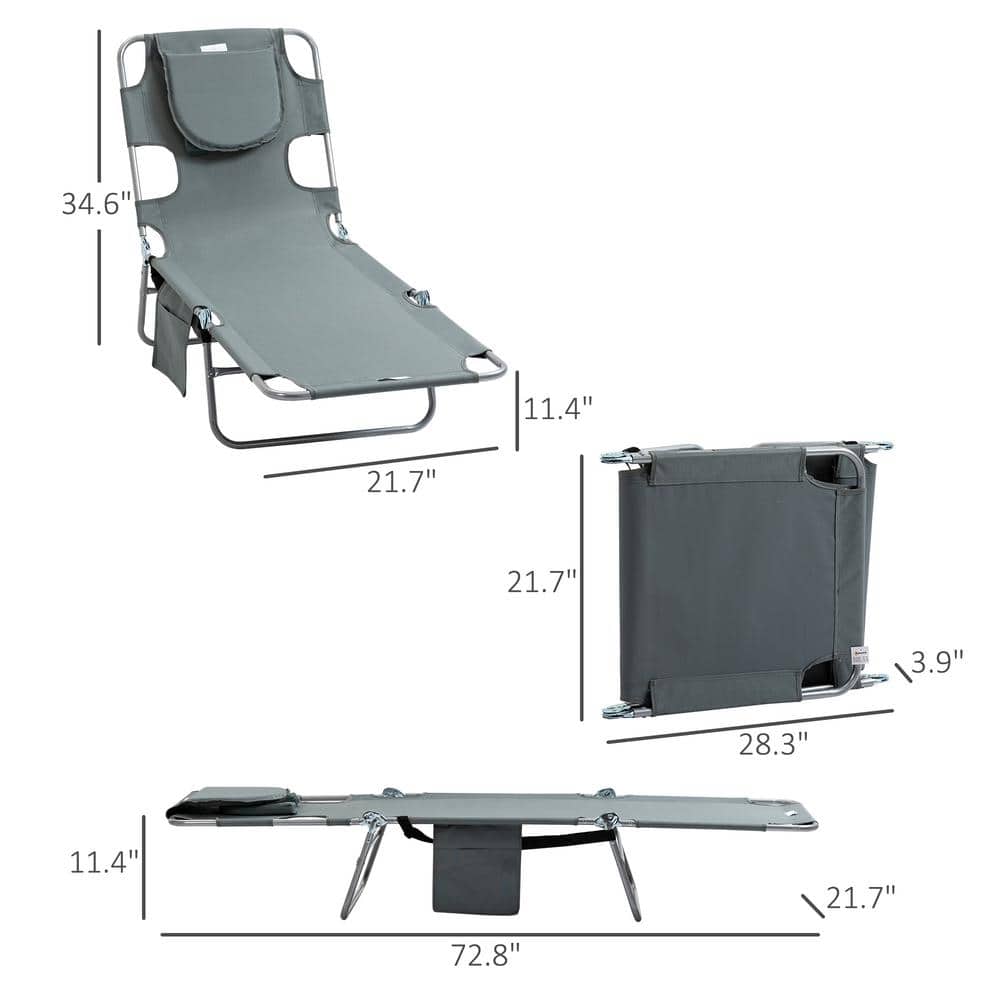 Gray Folding Outdoor Chaise Lounge with Pillow and Arm Slots