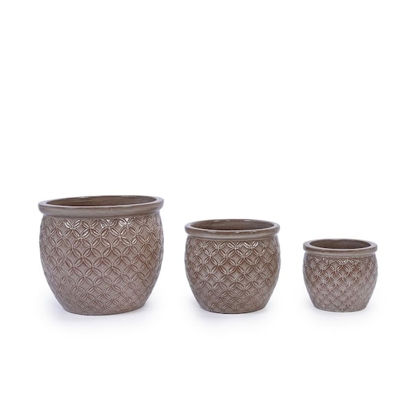 Brown Set of 3 Mixed Size Outdoor Ceramic Plant Pots Stylish Ceramic Planters for Indoor Outdoor Use