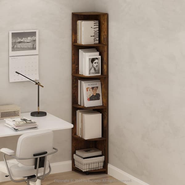 Basic 70.87 in. Tall Amber Pine Wood 5-Shelf Corner Bookcase