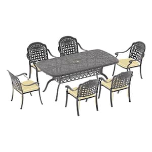 Isabella Black 7-Piece Cast Aluminum Outdoor Dining Set with Rectangle Table and Dining Chairs with Random Color Cushion