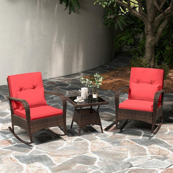 ANGELES HOME 3-Piece Wicker Patio Conversation Set Rocking Set with Red Cushions Tempered Glass Coffee Table for Backyard Poolside