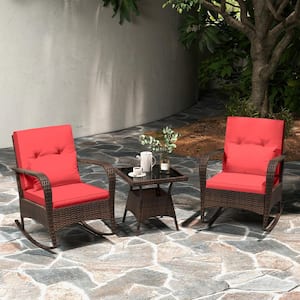 3-Piece Wicker Patio Conversation Set Rocking Set with Red Cushions Tempered Glass Coffee Table for Backyard Poolside