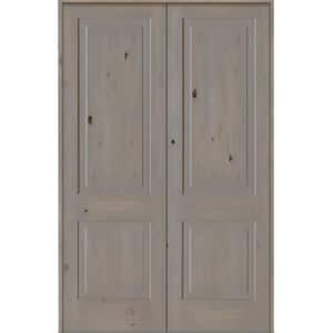 56 in. x 96 in. Rustic Knotty Alder 2-Panel Square Top Universal/Reversible Grey Stain Wood Prehung Interior Double Door
