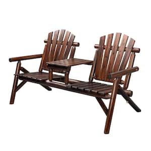 Double Adirondack Wood Chair Set with Small Table Outdoor Casual Table and Bench Set
