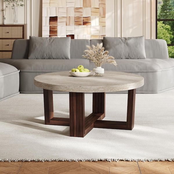 Evelyn Modern 31.5 in. Brown Round Faux Marble Coffee Table with Cross Wood Base