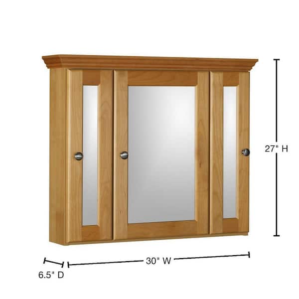Ultraline 36 in. W x 27 in. H x 6-1/2 in. D Framed Tri-View Surface-Mount Bathroom Medicine Cabinet in Natural Alder