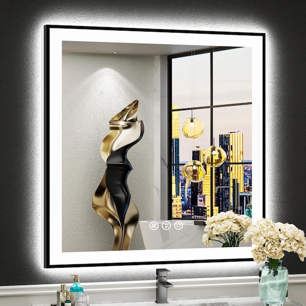 32 in. W x 32 in. H Square Framed Front and Back LED Lighted Anti-Fog Wall Bathroom Vanity Mirror in Tempered Glass