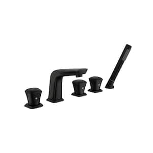 Modern 3-Handle Roman Tub Faucet with Hand Shower in Matte Black