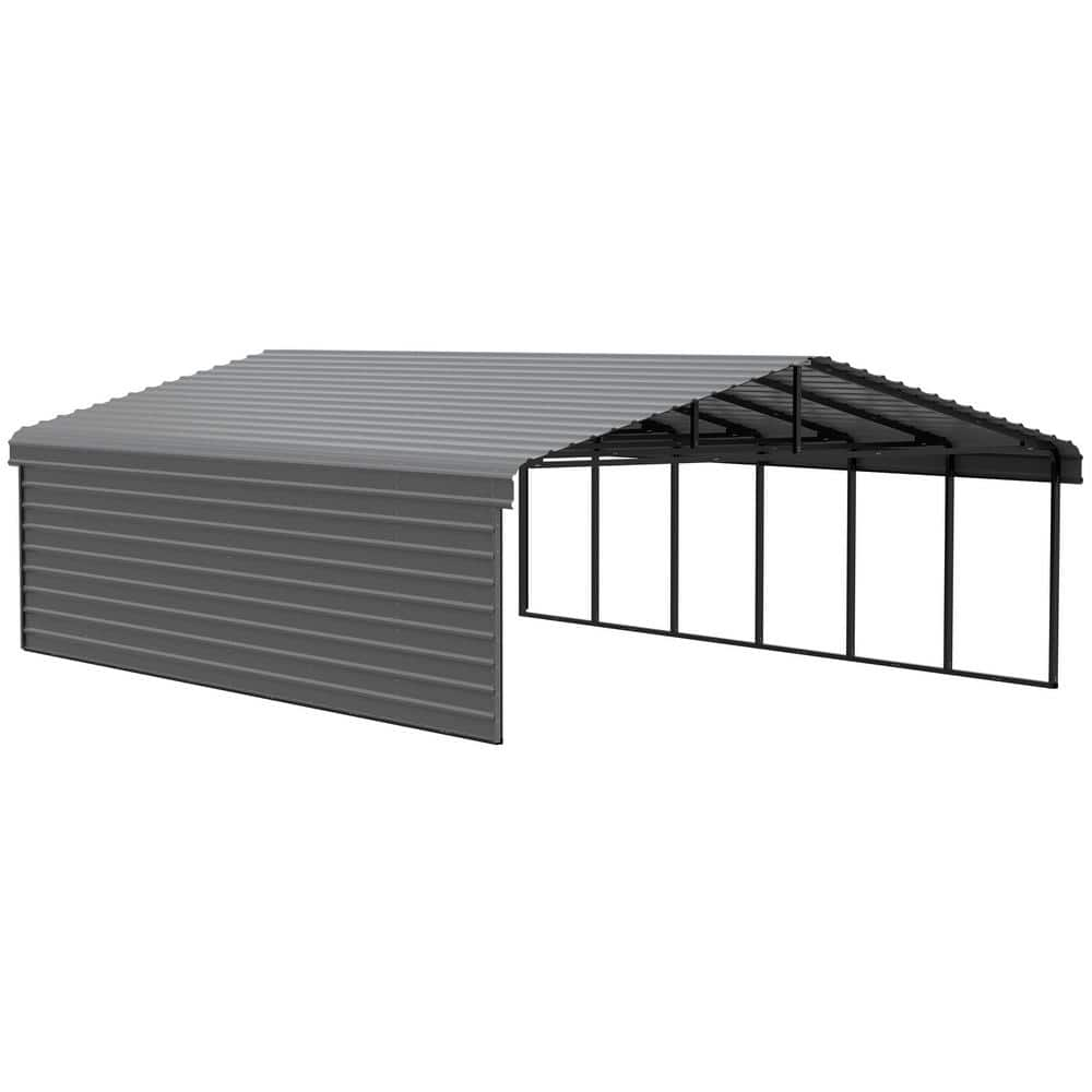 Arrow 20 ft. W x 29 ft. D x 9 ft. H Charcoal Galvanized Steel Carport with 1-sided Enclosure