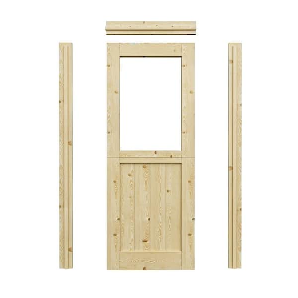 30 in. x 80 in. Solid Pine Universal 1-Lite Clear Glass Unfinished Dutch Wood Prehung Front Door +Quick Assemble Jamb