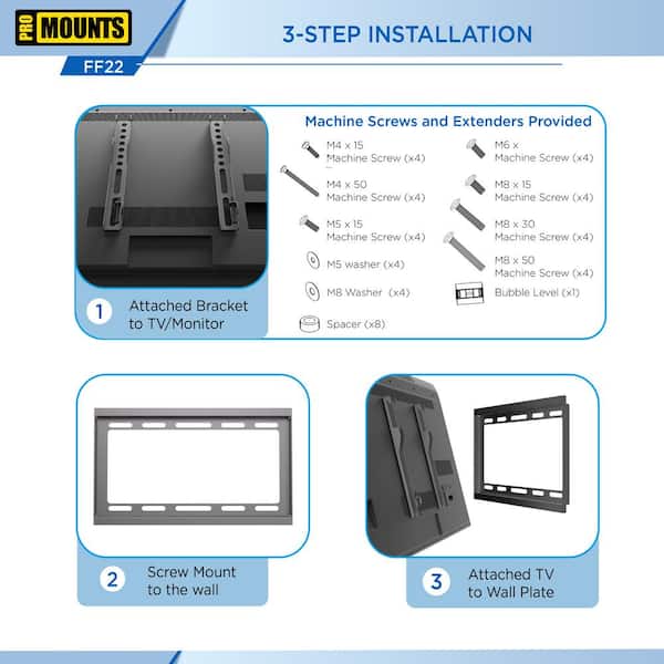 ProMounts - Universal Fixed Small Durable Ultra Slim Flat Tilt TV Wall Mount for 13-47 in. VESA 75x75 to 200x200, Locking brackets