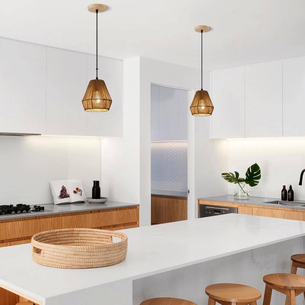 Adjustable Natural Rattan and Wood Pendant Light Set