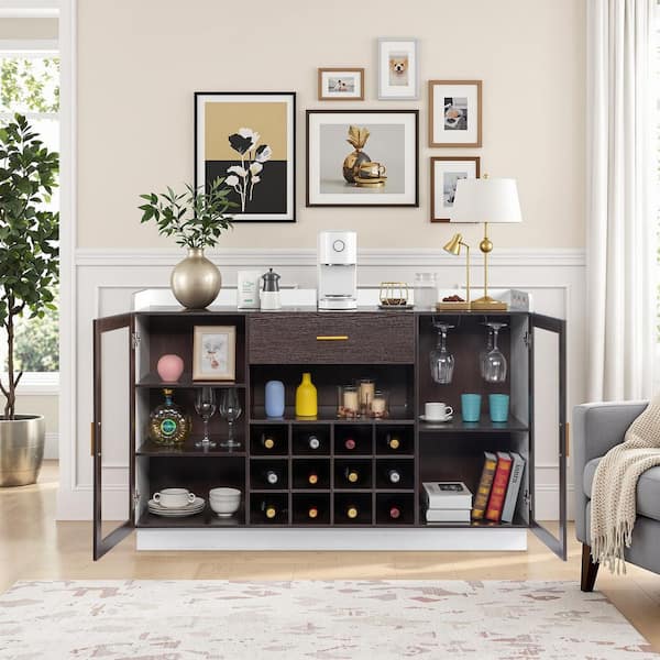 White and Brown Wood 55.12 in. Sideboard with Wine Storage, Drawer and Glass Door