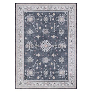 Dark Gray 3 ft. 3 in. x 5 ft. Transitional Bordered Machine Washable Area Rug