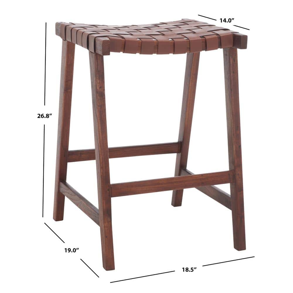 Cognac Woven Leather and Walnut Wood Backless Counter Stool