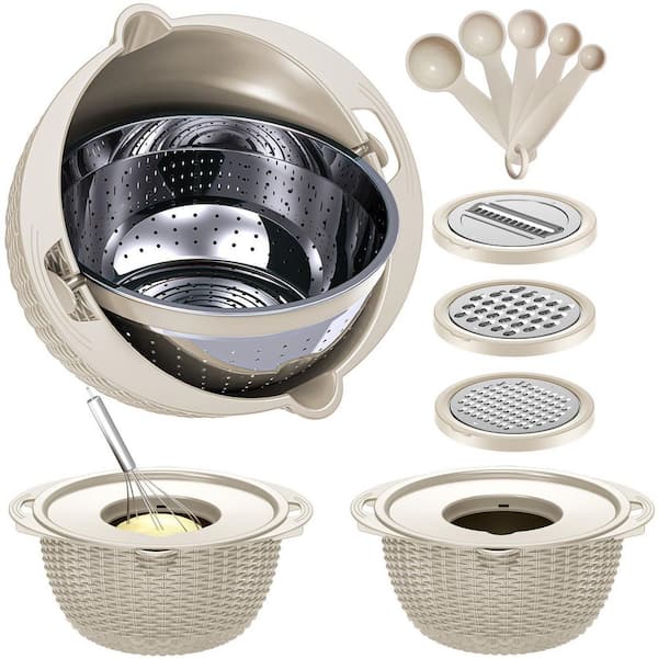 4-in-1 Rotatable Colander with Bowl and Spoons - Stainless Steel and Plastic Food Strainer Colander Set