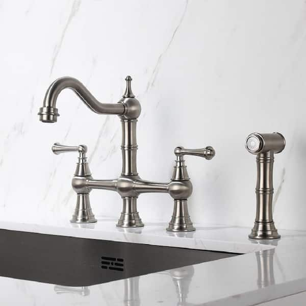 Double Handle Bridge Kitchen Faucet With Side Sprayer In Brushed Nickel   Brushed Nickel Bridge Kitchen Faucets Ybx 7006ns 64 600 