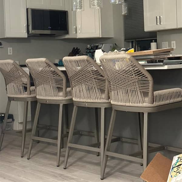 Modern Aluminum Twill Wicker Woven Counter Height Outdoor Bar Stool with Back and Beige Cushion (4-Pack)