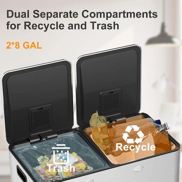 Garvee Large Dual Trash Can 2 x 8 gal. 60 Liters Stainless Steel