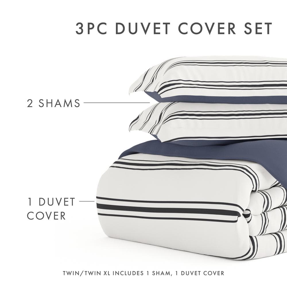 Navy and White Striped Microfiber King Duvet Cover Set