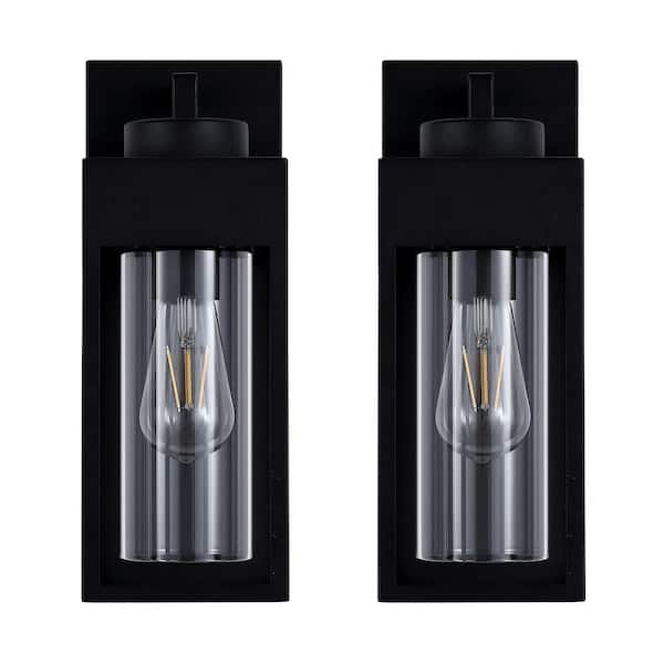 13 in. 1-Light Matte Black Hardwired Outdoor Wall Lantern Sconce with Clear Glass, No Bulbs Included(2-Pack)