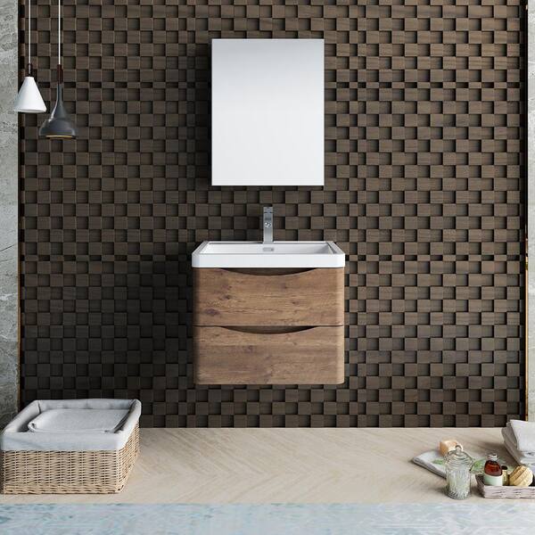 Tuscany 24 in. Modern Wall Hung Bath Vanity in Rosewood with Vanity Top in White with White Basin and Medicine Cabinet