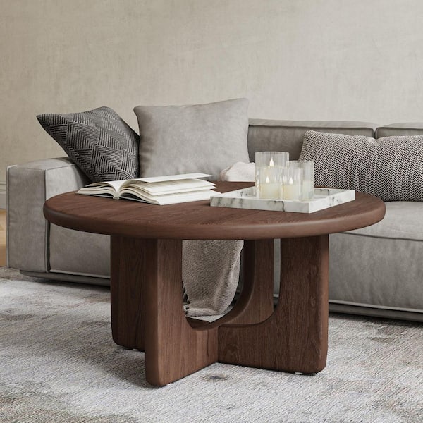 Peyton 36 in. Walnut Round Wood Coffee Table with Solid Wood Legs