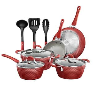 Diamond Pattern 11-Piece Reinforced Forged Aluminum Non-Stick Cookware Set in Red