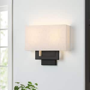 Celina 13 in. 2-Light Bronze Wall Sconce Light With Oatmeal Fabric Shade