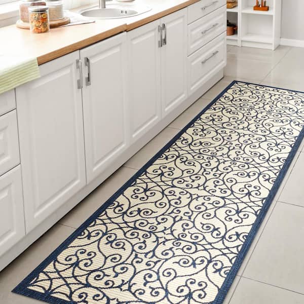 JONATHAN Y Madrid Vintage Filigree Textured Weave Navy/Beige 2 ft. x 10 ft. Indoor/Outdoor Area Rug
