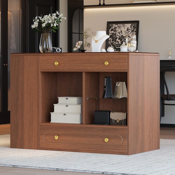 Walnut 33.40 in. H Closet Island w/ 6-Drawers, Glass Display Top, Open Shelves & Compartments