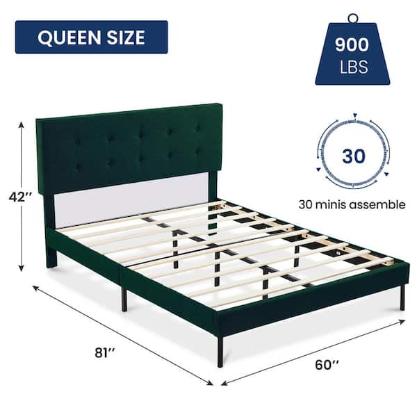 JEAREY Alex Green Queen Upholstered Platform Bed Frame with