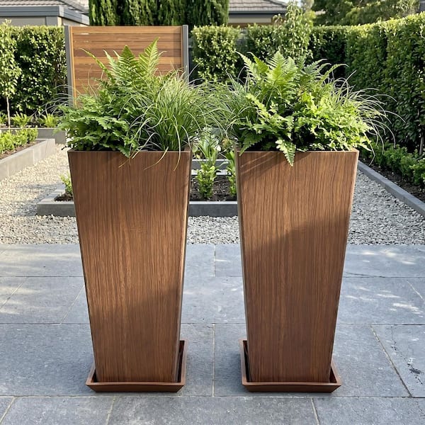 10.4 in. D Brown PE All-Weather Pedestal Planter Set Minimalist Smooth Finish (Set of 2)